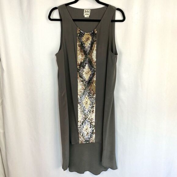 Haute Hippie 100% Silk Grey Embellished Silk Dress Hi-Lo Boho Women’s Large - Picture 10 of 10